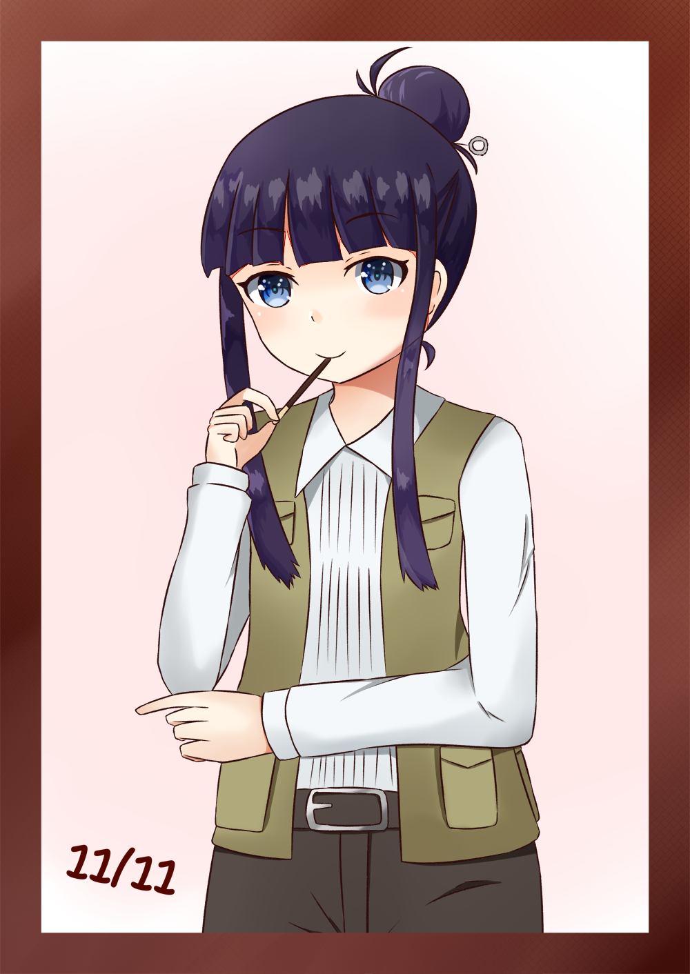belt blue_eyes commentary_request dated hair_bun highres kino_no_tabi photo_(kino_no_tabi) pocket pocky_day purple_hair sidelocks single_hair_bun solo vest