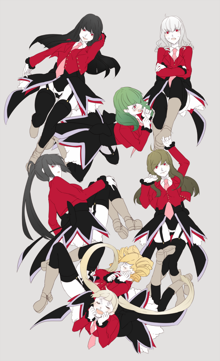 07th_expansion 6+girls anger_vein asmodeus_(umineko) beelzebub_(umineko) belphegor_(umineko) black_hair black_legwear blonde_hair boots brown_hair crossed_arms drill_hair closed_eyes garter_straps green_hair highres leotard leviathan_(umineko) lucifer_(umineko) mammon_(umineko) multiple_girls necktie no_naku_koro_ni_(series) open_mouth ponytail red_eyes satan_(umineko) simple_background smile sofy stakes_of_purgatory tears thighhighs twin_drills twintails umineko_no_naku_koro_ni white_hair