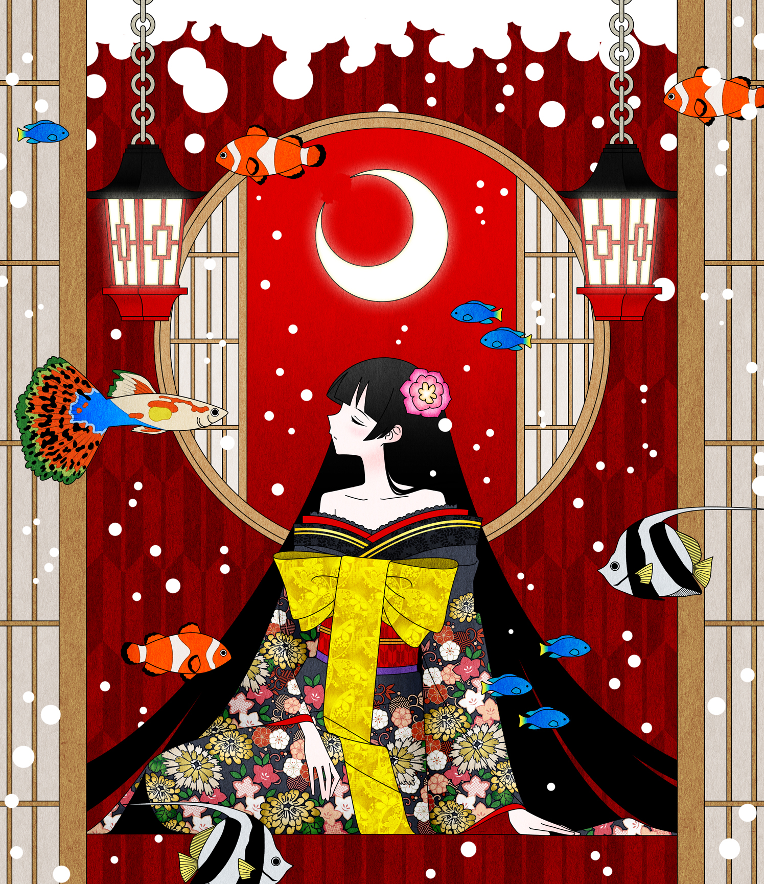 1girl alternate_costume bare_shoulders black_hair blunt_bangs blush chain closed_eyes closed_mouth clownfish crescent_moon facing_to_the_side fish fish_request floral_print floral_print_kimono flower hair_flower hair_ornament hand_on_lap hanging_lantern highres hime_cut hinoyama_ena japanese_clothes kimono kumeta_kouji_(style) layered_clothes layered_kimono light_particles long_hair moon moon_gate nijisanji obi obijime off_shoulder parody patterned_background pink_flower print_kimono profile sash sitting solo style_parody tsukino_mito very_long_hair virtual_youtuber yagasuri yellow_sash yokozuwari