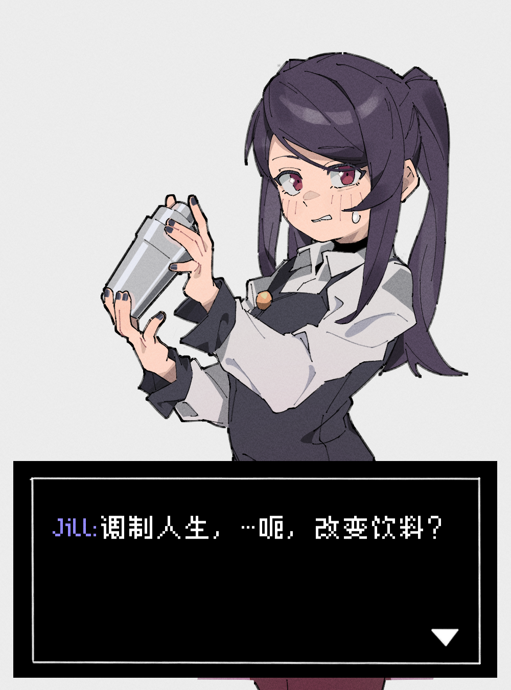 1girl black_dress black_nails blush cocktail_shaker commentary_request dress eflo_(794753336) highres jill_stingray long_sleeves looking_at_viewer nail_polish purple_eyes shirt simple_background solo sweatdrop translation_request twintails va-11_hall-a white_background white_shirt
