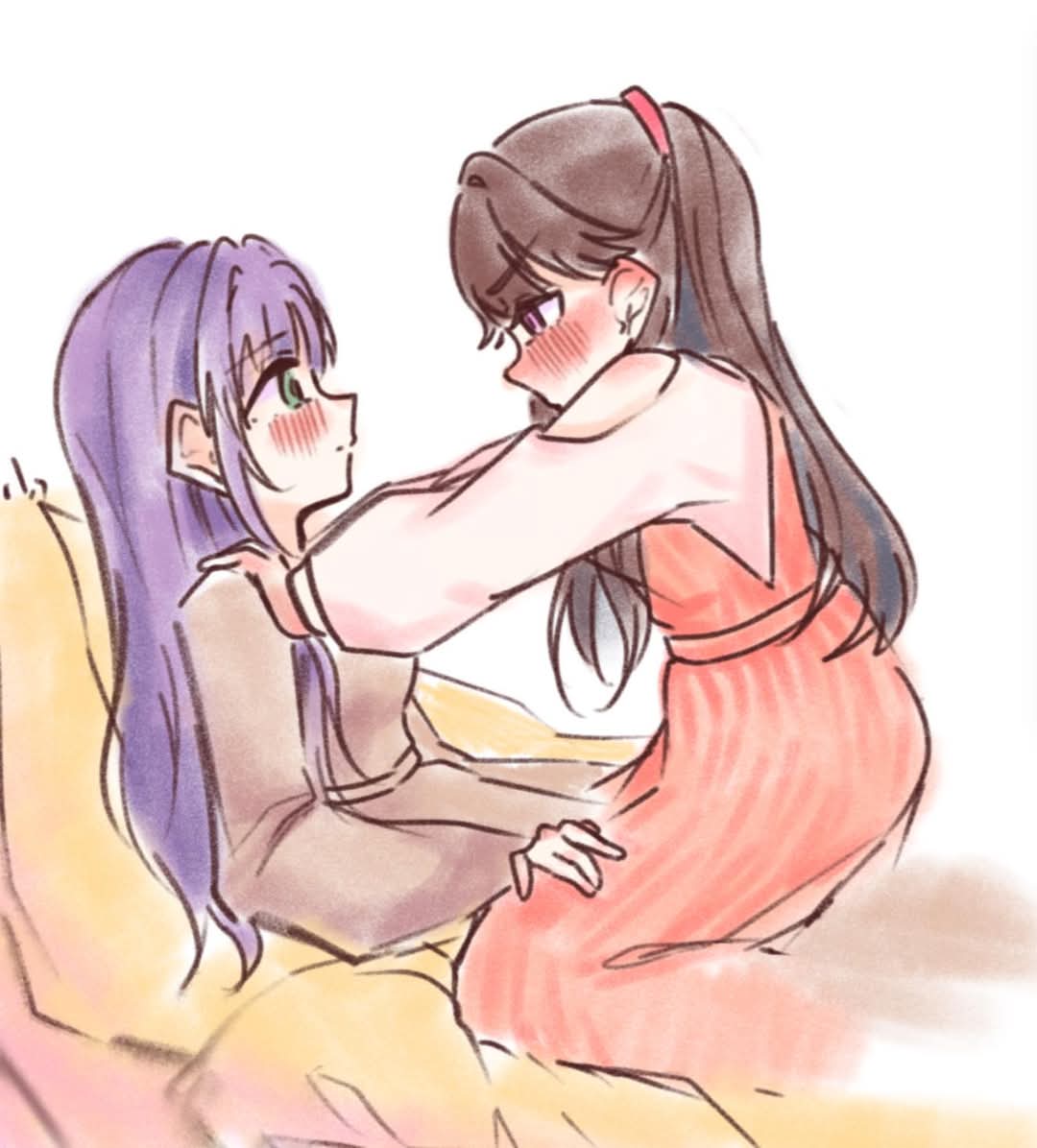2girls blush breasts brown_dress brown_hair closed_mouth clothing_cutout commentary dress eye_contact fujishima_megumi fujishima_megumi_(winter_loungewear) green_eyes gyoban_(1515kmbk) hair_down hand_on_another&#039;s_thigh hands_on_another&#039;s_shoulders kneeling link!_like!_love_live! long_hair long_sleeves looking_at_another love_live! medium_breasts multiple_girls official_alternate_costume otomune_kozue otomune_kozue_(winter_loungewear) pinafore_dress pink_dress profile purple_eyes purple_hair shirt shoulder_cutout sidelocks simple_background sitting sleeveless sleeveless_dress two_side_up virtual_youtuber white_background white_shirt yuri
