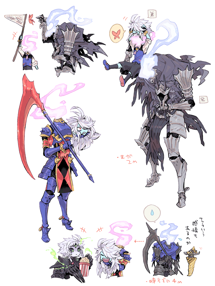 4boys ahoge arm_armor armband armlet armor armored_boots arms_up black_armor black_cape black_gauntlets black_hat black_sclera black_shorts black_socks black_wings blue_armor blue_fire blue_footwear blue_scarf blue_skin blue_vest boots bracelet braid braided_sidelock breastplate bug butterfly cape carrying carrying_over_shoulder carrying_person claws closed_eyes closed_mouth collar colored_sclera colored_skin dipsen_(inu_fuji) dullahan fire focas_(inu_fuji) food frown full_armor full_body gauntlets gold_armor gold_gauntlets gold_trim greaves green_eyes green_fire hair_over_one_eye hand_up hat head_off headless helmet hip_armor holding holding_head holding_helmet holding_net holding_own_head holding_paper holding_scythe holding_weapon insect inu_fuji japanese_text jewelry long_hair looking_to_the_side male_focus monster_boy multiple_boys multiple_eyes multiple_views open_mouth original orurutu_(inu_fuji) over_shoulder paper pink_fire pointy_ears popcorn red_armband red_eyes scarf scythe sharp_teeth shirt shorts shoulder_armor sidelocks simple_background sleeves_rolled_up smile socks spiked_armband spiked_armlet spiked_armor spiked_bracelet spiked_collar spikes standing teeth third_eye torn_clothes torn_hat torn_scarf translation_request triple_ahoge two-sided_fabric undershirt upper_body vest weapon weapon_over_shoulder white_background white_hair white_shirt white_undershirt wings xain_(inu_fuji) yellow_cloak yellow_hat