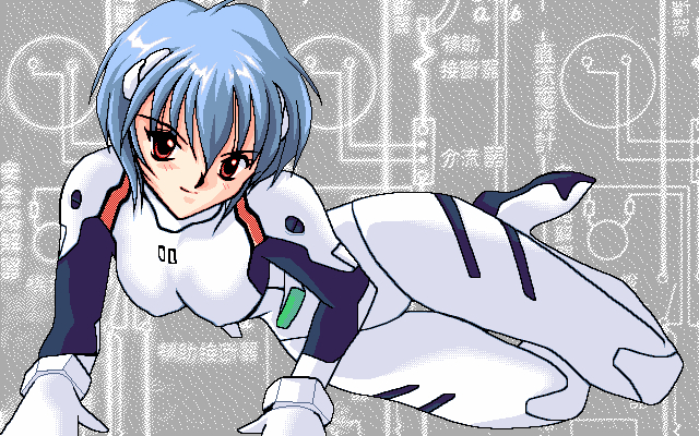 1girl arm_support ayanami_rei blue_hair blush bodysuit breasts circuit closed_mouth commentary count_zero dithering english_commentary full_body gloves grey_background hair_between_eyes interface_headset_(evangelion) light_smile looking_at_viewer lying mecha_pilot_suit medium_breasts neon_genesis_evangelion non-web_source on_side pc-98_(style) pixel_art plugsuit_(evangelion) red_eyes short_hair sitting skin_tight smile solo thigh_gap third-party_source white_bodysuit white_gloves yokozuwari