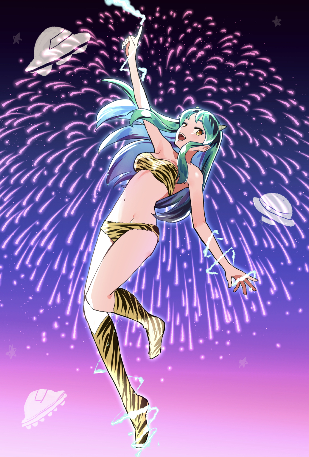 1girl animal_print bikini blue_hair boots breasts commentary_request cone_horns fireworks full_body gradient_background gradient_hair green_hair highres horns index_finger_raised knee_boots lum medium_breasts multicolored_hair nanao_itsuki navel open_mouth orange_eyes pointy_ears print_bikini print_boots smile solo strapless strapless_bikini swimsuit tiger_print ufo urusei_yatsura