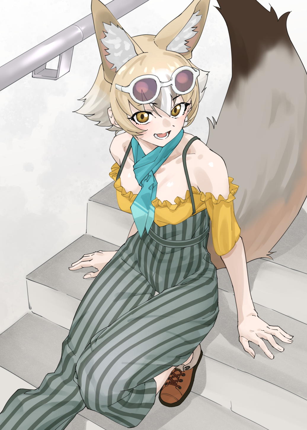 1girl :d animal_ear_fluff animal_ears aqua_neckerchief bare_shoulders blonde_hair brown_shoes collarbone commentary_request extra_ears eyewear_on_head fox_ears fox_girl fox_tail gradient_hair grey_hair grey_pants hair_between_eyes highres kemono_friends kit_fox_(kemono_friends) looking_at_viewer multicolored_hair neckerchief open_mouth pants shoes short_hair short_sleeves sitting smile solo stairs striped_clothes striped_pants sunglasses tail tanabe_(fueisei) vertical-striped_clothes vertical-striped_pants white-framed_eyewear white_hair yellow_eyes