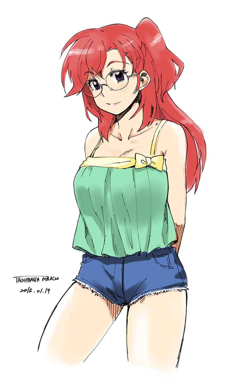 1girl ano_natsu_de_matteru bare_shoulders bow breasts brown_eyes cleavage closed_mouth cowboy_shot dated denim denim_shorts highres looking_at_viewer one_side_up red_hair round_eyewear shirt short_shorts shorts signature simple_background smile solo tachibana_roku takatsuki_ichika white_background yellow_bow