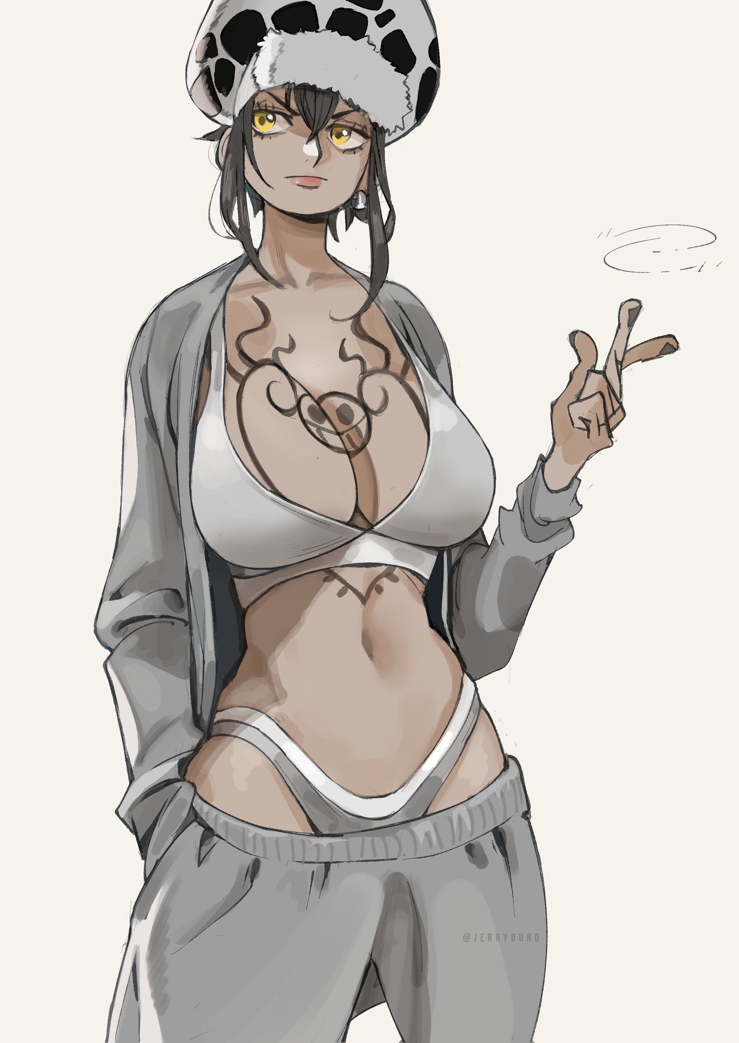 1girl absurdres beige_background bra breasts brown_hair canon_genderswap chest_tattoo cleavage cowboy_shot earrings genderswap genderswap_(mtf) grey_bra grey_panties grey_pants grey_shirt hand_in_pocket hat highleg highleg_panties highres jacket jewelry joy_boy_(jerrydurd) large_breasts long_sleeves looking_to_the_side navel one_piece open_clothes open_shirt panties pants sagging_pants shirt tattoo thong track_jacket trafalgar_law trafalgar_law_(female) underwear yellow_eyes