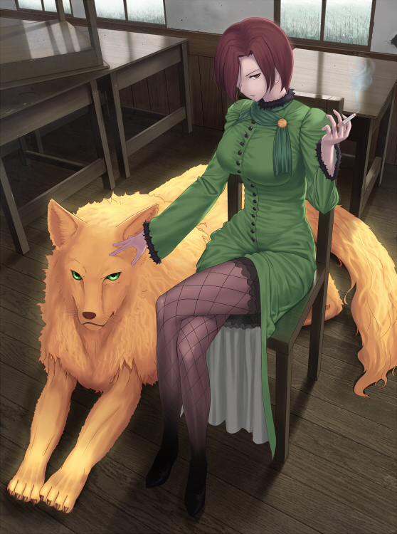 1girl animal aozaki_touko aozaki_touko_(mahou_tsukai_no_yoru) bad_id bad_pixiv_id brown_eyes brown_hair cigarette crossed_legs female_focus fishnet_pantyhose fishnets hair_over_one_eye headpat looking_up lugh_beowulf lugh_beowulf_(wolf) mahou_tsukai_no_yoru pantyhose short_hair sitting smoke solo tsukikanade type-moon