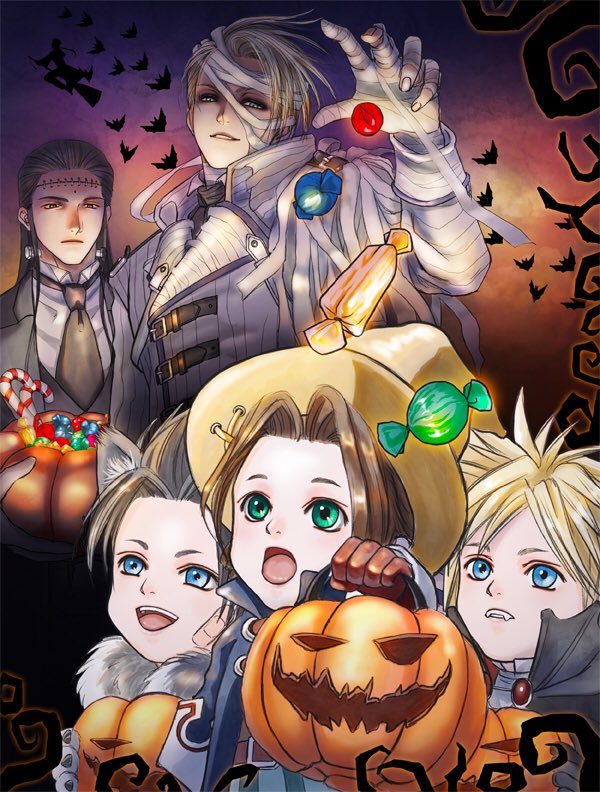 1girl 5boys aerith_gainsborough aged_down animal_costume animal_ears bandaged_head bandages black_hair blonde_hair blue_coat blue_eyes brown_gloves brown_hair candy candy_cane cloud_strife coat cosplay fangs final_fantasy final_fantasy_vii final_fantasy_vii_rebirth final_fantasy_vii_remake food frankenstein&#039;s_monster frankenstein&#039;s_monster_(cosplay) gloves green_eyes halloween halloween_bucket halloween_costume hat multiple_boys mummy_costume open_mouth reno_(ff7) rufus_shinra smile tseng vampire_costume vivi_ornitier vivi_ornitier_(cosplay) wizard_hat wolf_costume wolf_ears wrapped_candy ws_alte zack_fair
