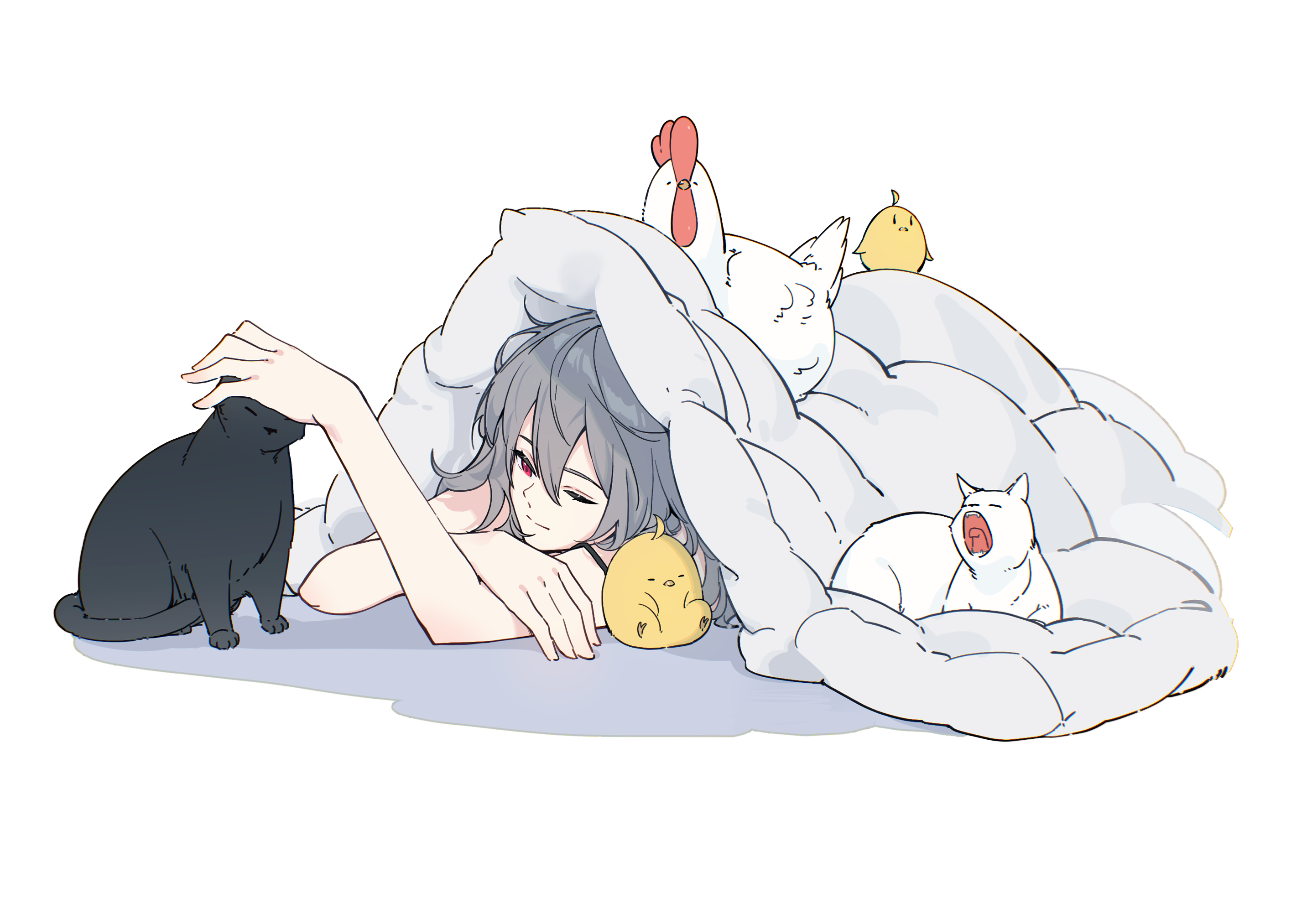 1girl animal azur_lane baby_animal bird blanket cat chick chicken closed_mouth grey_hair hair_between_eyes hatski.sin highres long_hair lying manjuu_(azur_lane) on_stomach one_eye_closed red_eyes saint-louis_(azur_lane) simple_background smile solo under_covers white_background white_cat