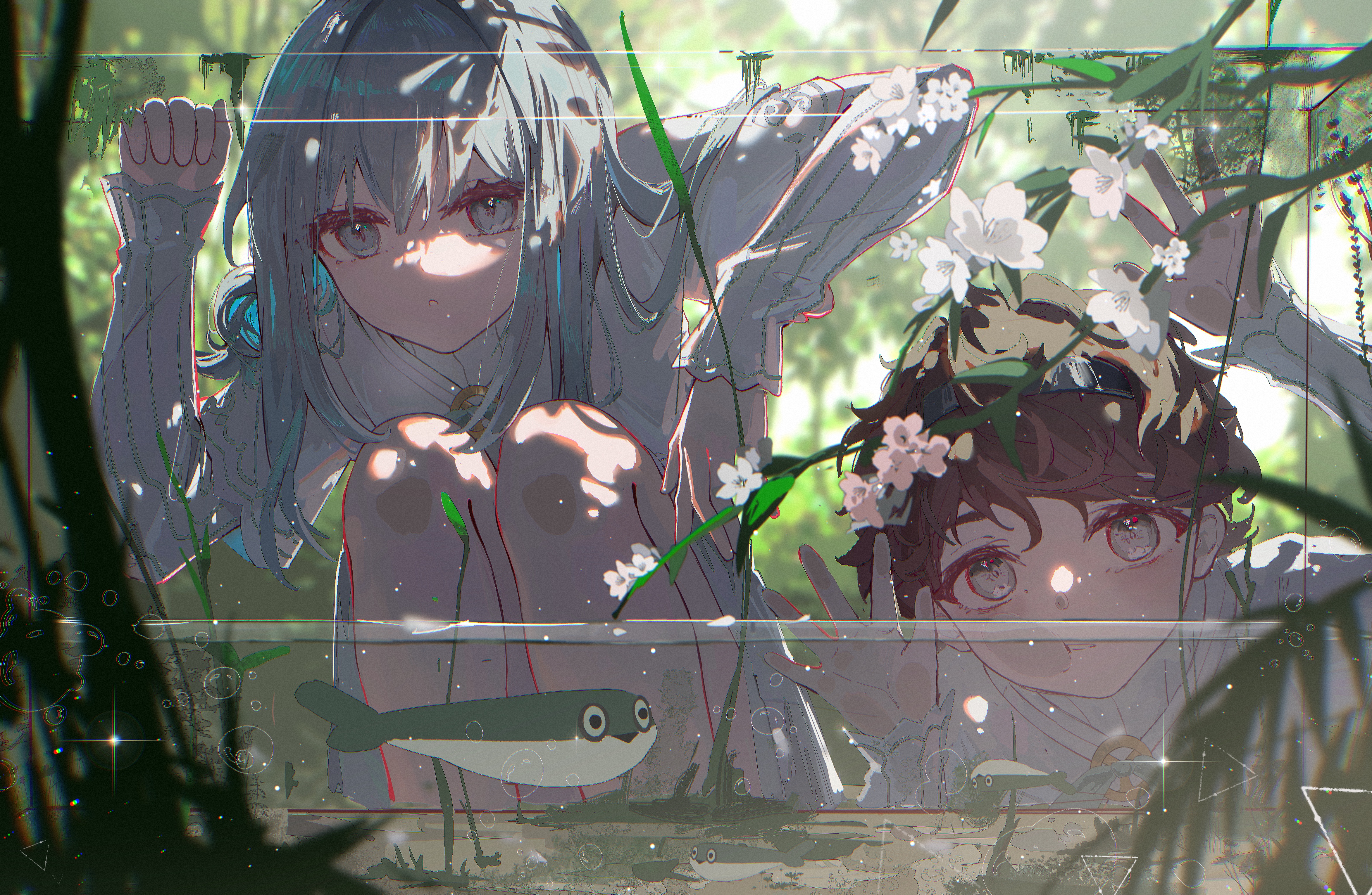 1boy 1girl absurdres against_glass aged_down arm_up bare_legs blurry blurry_background brown_hair character_request check_character chinese_commentary closed_mouth commentary_request dappled_sunlight day eiki- fish fish_tank flower grey_eyes grey_hair hair_between_eyes hand_on_glass hand_up highres light_particles long_hair long_sleeves messy_hair parted_lips pink_flower plant reverse:1999 sacabambaspis shirt short_hair single_sleeve_past_wrist sparkle squatting sunlight the_ring_(reverse:1999) vertin_(reverse:1999) white_flower white_shirt