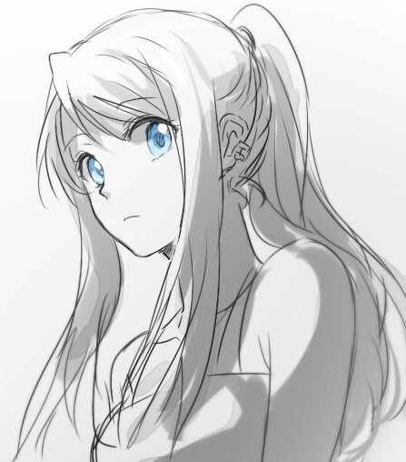 1girl bare_shoulders blue_eyes close-up earrings expressionless eyelashes female_focus fullmetal_alchemist gradient_background grey_background greyscale jewelry long_hair looking_at_viewer monochrome ponytail riru simple_background solo spot_color upper_body white_background winry_rockbell