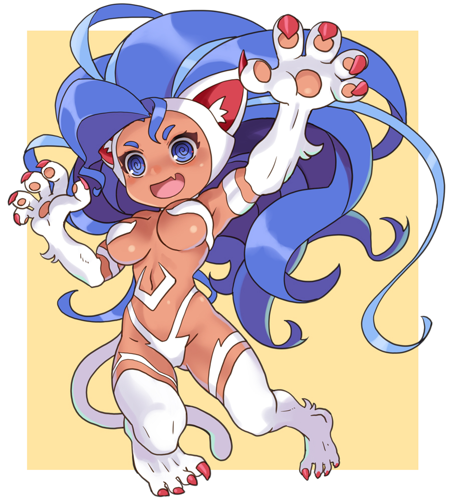 1girl @_@ animal_ears animal_hands big_hair blue_eyes blue_hair blush border breasts cat_ears cat_girl cat_paws cat_tail chibi claws eyelashes fang felicia_(darkstalkers) katahira_masashi large_breasts long_hair no_nose open_mouth skin_fang solo tail underboob darkstalkers very_long_hair white_border white_fur