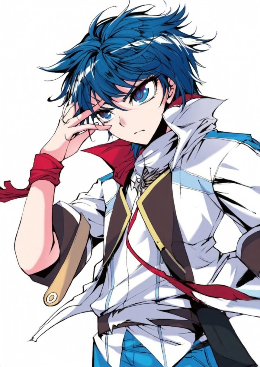 1boy blue_eyes blue_hair closed_mouth coat hair_between_eyes highres huo_yuhao_(jueshitangmen) jacket jueshitangmen male_focus pants shirt short_hair simple_background upper_body white_background white_coat white_shirt wristband