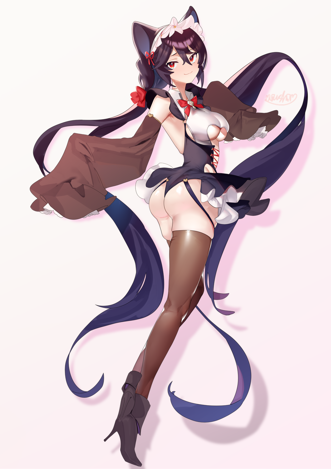 1girl absurdly_long_hair adapted_costume aiushi_(lovecowjp) allen_m._sumner_(azur_lane) ass azur_lane black_footwear bow breasts brown_sleeves brown_thighhighs cleavage_cutout clothing_cutout commentary detached_sleeves dress full_body hair_between_eyes high_heels highres long_hair medium_breasts microdress purple_hair red_bow red_eyes signature solo stiletto_heels thighhighs underboob_cutout very_long_hair