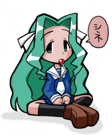00s aqua_hair candy food kasugano_nene lollipop long_hair lowres potemayo school_uniform solo suijou_(pixiv156561) translated
