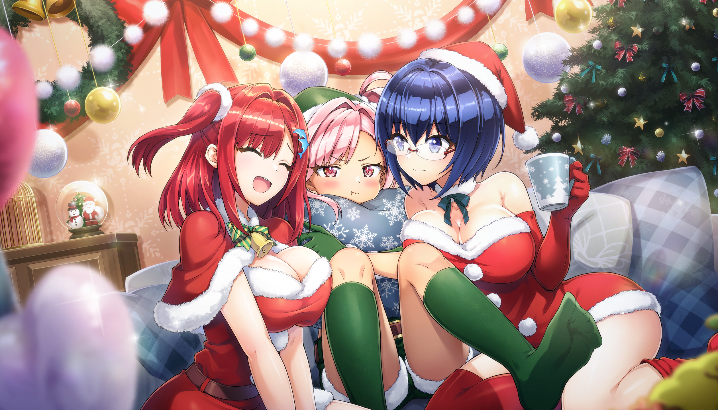 3girls ankle_socks bell between_breasts blue_eyes blue_hair blush breasts capelet christmas christmas_ornaments christmas_tree cleavage closed_eyes closed_mouth collar couch cup dark-skinned_female dark_skin dolphin_wave dress elbow_gloves fur-trimmed_capelet fur-trimmed_dress fur-trimmed_headwear fur_trim game_cg gift glasses gloves hair_intakes hat highres holding holding_cup holding_pillow holly indoors large_breasts long_hair merry_christmas multiple_girls neck_bell non-web_source official_art one_side_up ootomo_takuji open_mouth pillow pink_eyes pink_hair pout red_capelet red_dress red_hat sakimiya_iruka santa_claus santa_costume santa_dress santa_hat short_hair side_ponytail sitting smile snow_globe snowman socks tan tojou_michiru urami_kana