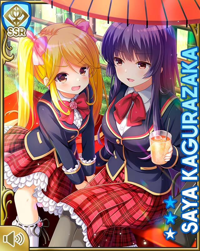 2girls :d :o bamboo bamboo_forest blazer blonde_hair blue_jacket blush bow bowtie card card_(medium) character_name earrings flower forest frilled_thigh_strap girlfriend_(kari) grey_leggings hair_bow jacket jewelry kagurazaka_saya leggings long_hair long_sleeves looking_at_viewer multiple_girls nature official_art open_mouth outdoors pink_flower pink_rose plaid_clothes plaid_skirt platform_footwear pleated_skirt purple_hair qp:flapper red_bow red_eyes red_skirt red_umbrella ribbon rose school_uniform shirt sitting skirt smile thigh_strap tokitani_koruri twintails umbrella white_legwear white_shirt