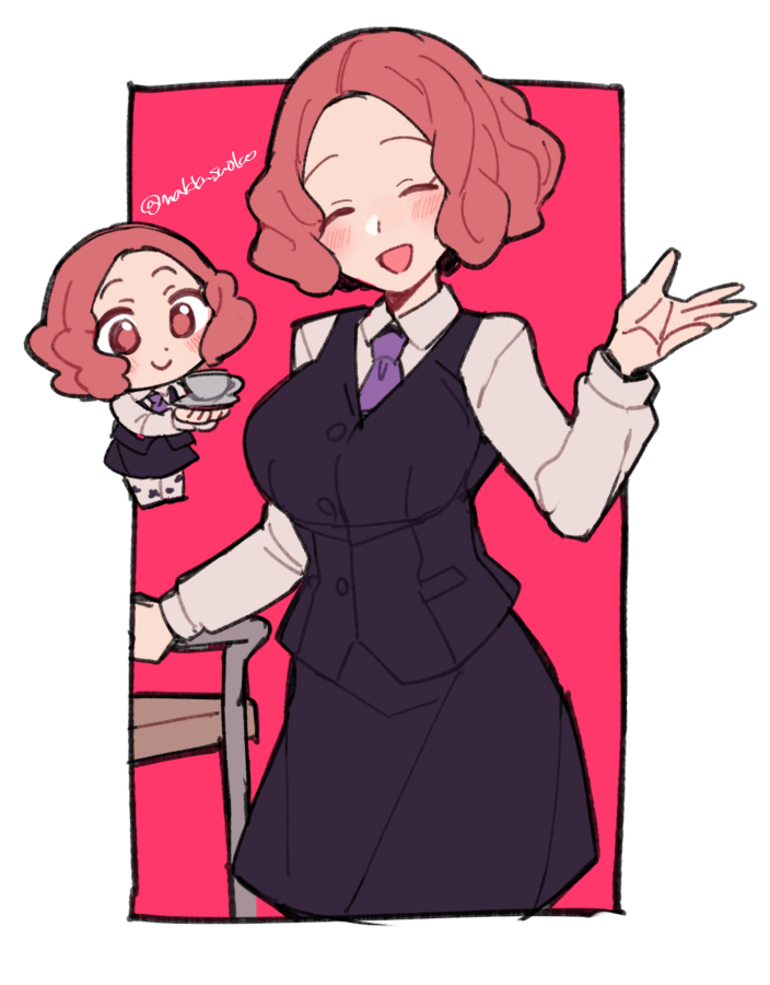 1girl blush breasts brown_eyes brown_hair chibi closed_eyes cup do_m_kaeru female_focus large_breasts long_sleeves matching_hair/eyes multiple_views necktie okumura_haru pantyhose persona persona_5 purple_neckwear saucer teacup twitter_username vest waitress white_pantyhose