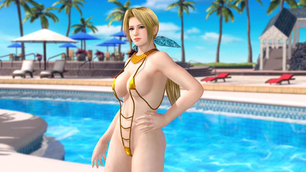 1girl 3d bikini blonde_hair blue_eyes breasts dead_or_alive dead_or_alive_xtreme_3_fortune dead_or_alive_xtreme_beach_volleyball female_focus helena_douglas large_breasts long_hair official_art pool salmon_roe_swimsuit slingshot_swimsuit solo swimsuit tecmo