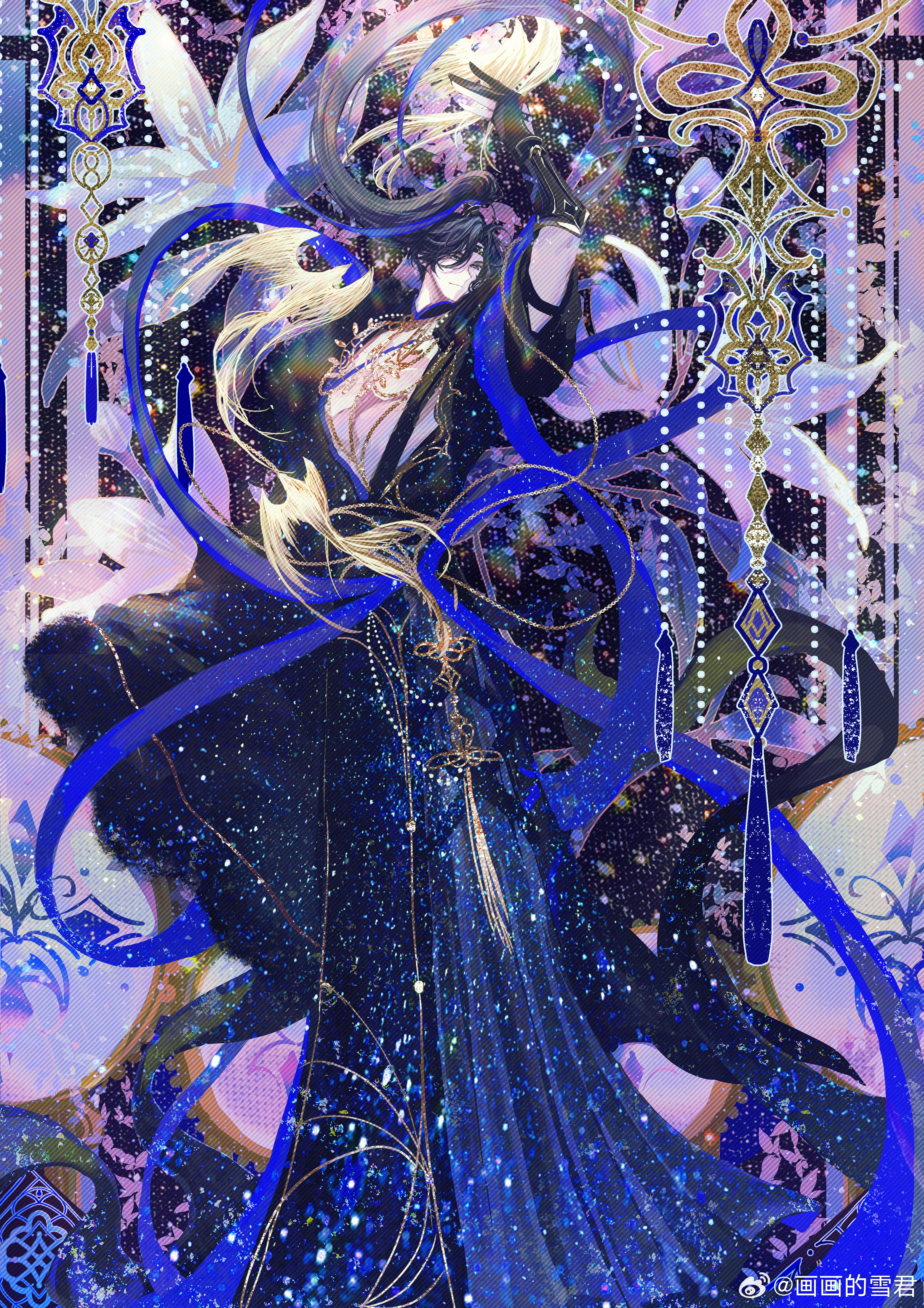 1boy absurdres arm_guards arm_up bird black_background black_cape black_gloves black_hair black_headband black_robe blue_eyes blue_shawl cape chain chain_belt chain_necklace chinese_clothes closed_mouth code:_kite dancing double_exposure emblem floating_hair floral_background flower fu_rong_(code:_kite) full_body fur-trimmed_gloves fur_trim gloves gold_necklace hanfu headband high_ponytail highres jewelry light_particles light_smile long_hair long_sleeves looking_at_viewer male_focus mobile necklace open_clothes open_robe pectoral_cleavage pectorals ponytail robe shawl sleeves_rolled_up snow234 solo swallow_(bird) tassel watermark weibo_watermark white_flower wide_sleeves yaopei