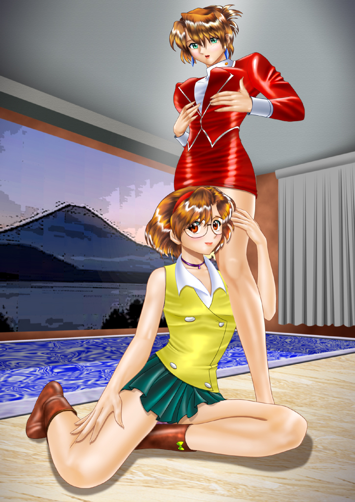2girls agent_aika aida_rion aika_(series) ass boots brown_eyes brown_hair earrings glasses green_eyes green_skirt hairband indoors jacket jewelry legs lipstick looking_at_viewer makeup multiple_girls panties red_hairband red_jacket red_skirt skirt standing sumeragi_aika thighs underwear vest yellow_vest yuusuke_(ziyasu)