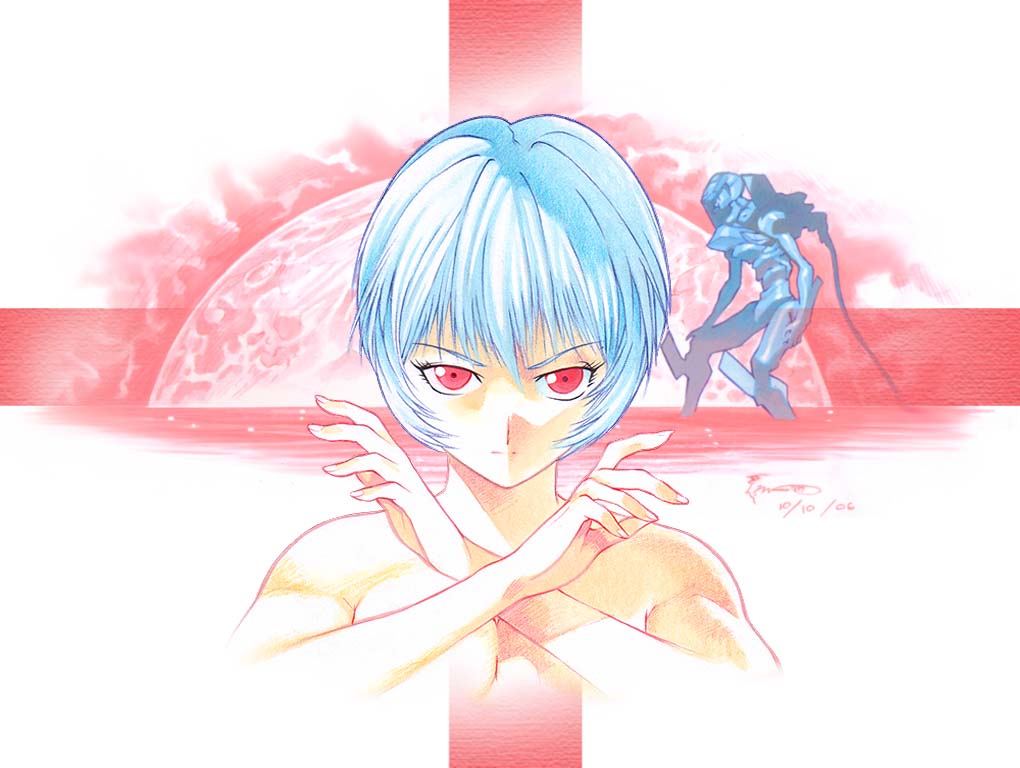 1girl 2006 ayanami_rei bare_shoulders blue_hair cross dated dominic_ian_cabatit evangelion_(mecha) expressionless full_moon hands_up looking_at_viewer mecha moon neon_genesis_evangelion nude portrait red_eyes red_moon robot short_hair solo x_arms