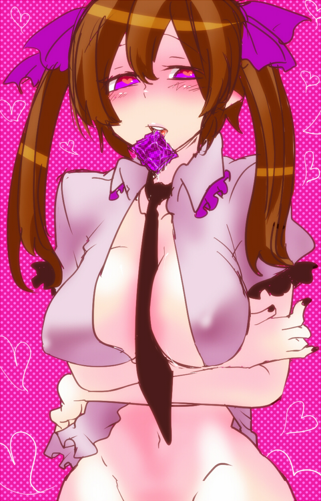 1girl between_breasts blush bottomless breasts brown_hair condom condom_in_mouth female_focus groin hair_ribbon hata-tan_(rui_(hershe)) heart heart-shaped_pupils himekaidou_hatate large_breasts mouth_hold nail_polish naked_shirt necktie no_bra no_panties open_clothes open_shirt out-of-frame_censoring purple_eyes ribbon rui_(hershe) saliva shirt solo symbol-shaped_pupils touhou twintails