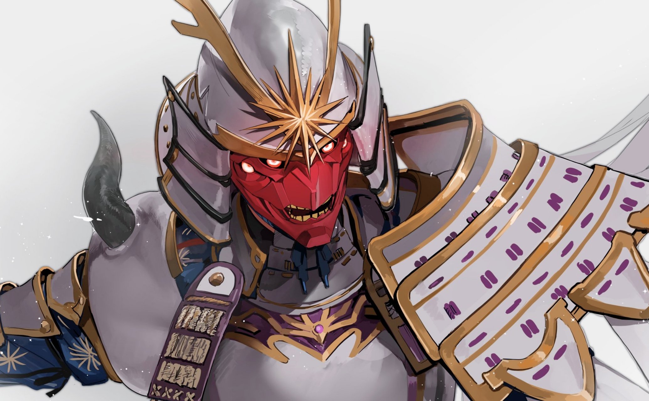 1boy armor breastplate covered_face daneda extra_eyes fate/samurai_remnant fate_(series) helmet highres japanese_armor japanese_clothes kabuto_(helmet) male_focus mask masked red_mask rogue_saber_(fate/samurai_remnant) samurai shoulder_armor simple_background sode solo spiked_pauldrons upper_body white_armor white_background