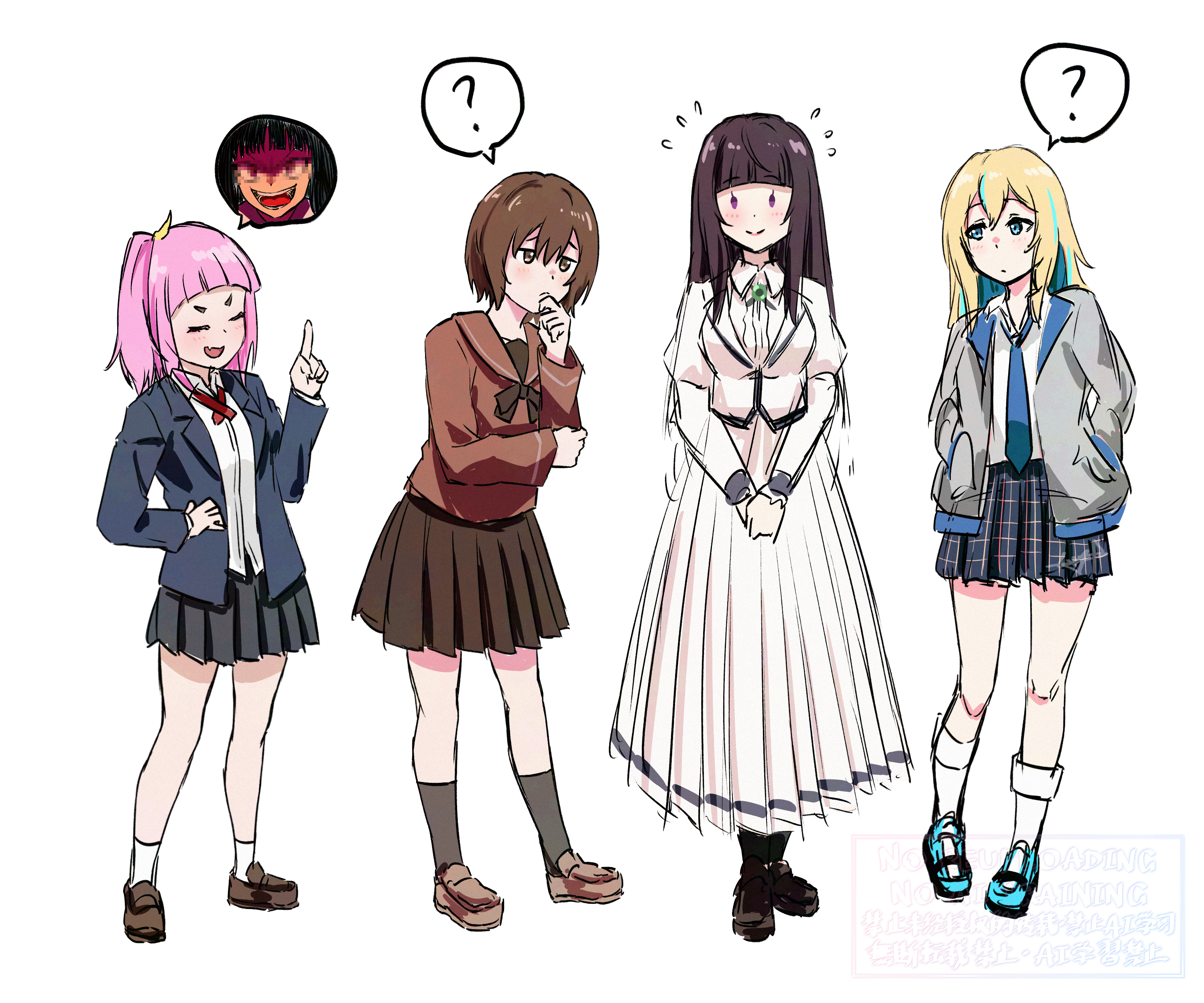 4girls ? absurdres bilingual_commentary black_shoes black_socks blonde_hair blue_eyes blue_hair blue_jacket blue_necktie blue_skirt blush brown_hair brown_shirt brown_shoes brown_skirt center_frills chinese_commentary closed_eyes colored_inner_hair commentary_request fang frills green_brooch grey_jacket grey_skirt hair_between_eyes hands_in_pockets highres jacket kouzuki_mahiru loafers long_hair long_sleeves medium_hair mixed-language_commentary multicolored_hair multiple_girls mutsuki_(mutsuki0110) neck_ribbon necktie one_side_up open_clothes open_jacket open_mouth pink_hair plaid_clothes plaid_skirt pleated_skirt purple_eyes purple_hair red_ribbon ribbon rock_wa_lady_no_tashinami_deshite school_uniform serafuku shirt shoes simple_background skin_fang skirt socks spoken_question_mark standing takanashi_kim_anouk_mei watase_kiui white_background white_jacket white_shirt white_skirt white_socks yamanouchi_kano yoru_no_kurage_wa_oyogenai