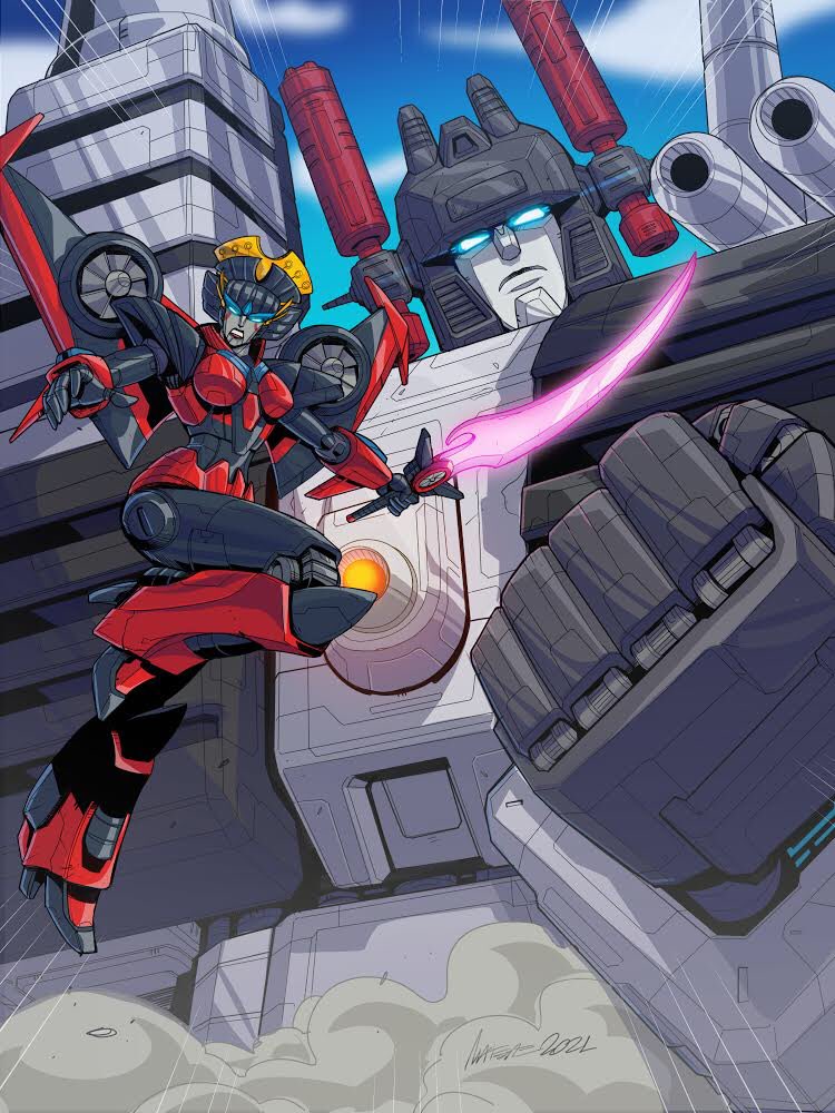 1girl airplane_wing armor autobot blue_eyes breasts clip_studio_paint_(medium) commission energy_sword glowing glowing_eyes helmet high_heels humanoid_robot marcelo_matere mecha mechanical_wings medium_breasts metal_skin metroplex red_lips robot robot_girl science_fiction shoulder_armor size_difference sword the_transformers_(idw) transformers weapon windblade wings