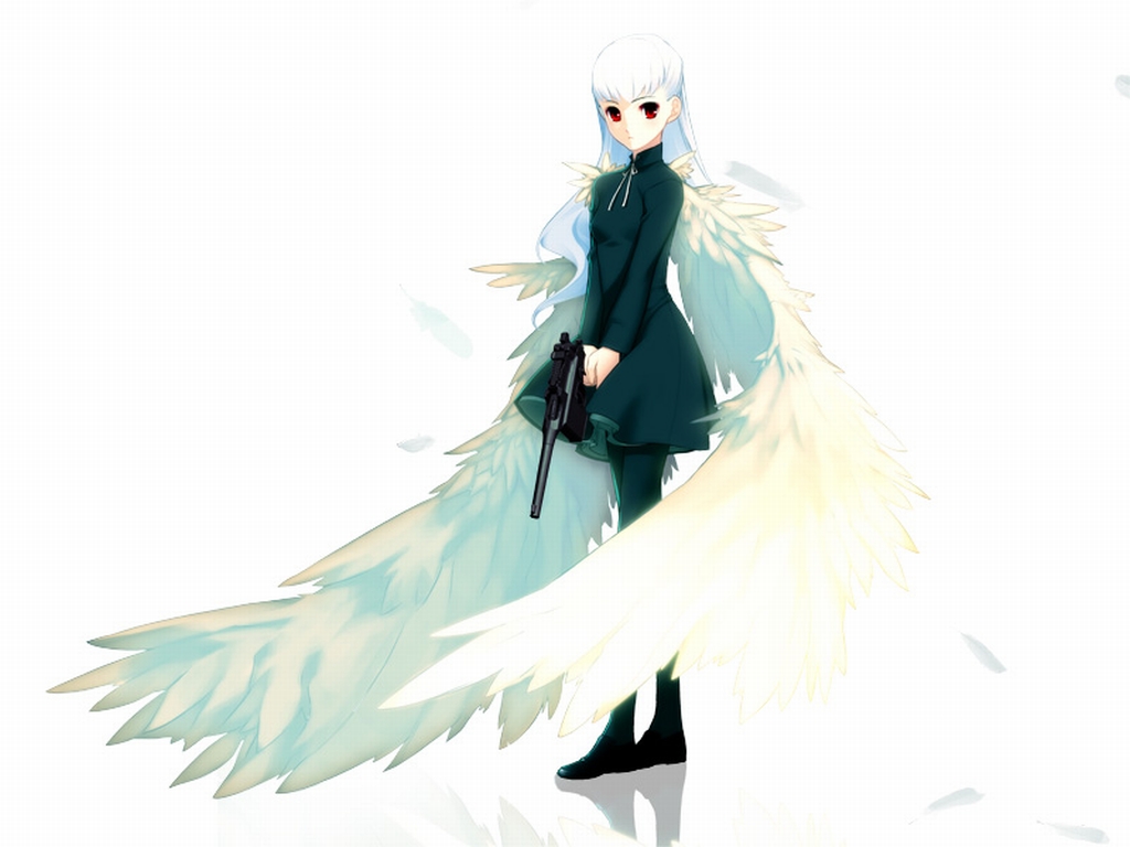 1girl angel_wings angelos_armas chuuou_higashiguchi dress feathers female_focus flat_chest gun handgun henri long_hair mauser_c96 nitroplus non-web_source pantyhose pistol red_eyes reflection short_dress solo weapon white_hair wings