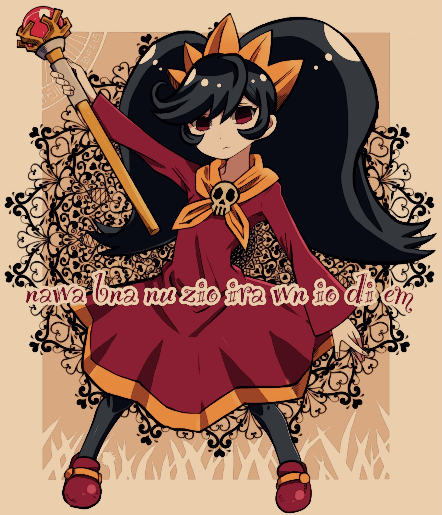 1girl ashley_(warioware) backwards_text batchgooya black_hair black_pantyhose brown_background commentary dress full_body hairband highres holding holding_wand long_hair long_sleeves looking_at_viewer nintendo orange_hairband pantyhose red_dress red_eyes red_footwear skull solo twintails very_long_hair wand warioware witch