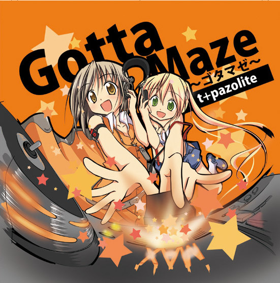 2girls album_cover blonde_hair console cover disc dj english_text green_eyes headphones japanese_text long_hair looking_at_viewer mixer mixing multiple_girls music open_mouth orange_background overall_shorts overalls perspective phonograph record smile star_(symbol) t+pazolite throwing turntable yellow_eyes
