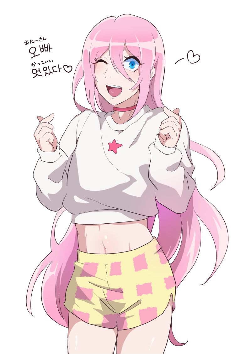 1boy androgynous blue_eyes choker classicaloid commentary_request cowboy_shot eyelashes hair_between_eyes korean_text long_hair long_sleeves looking_at_viewer male_focus midriff navel one_eye_closed open_mouth pink_hair poiaya red_choker shirt shorts simple_background sleeves_past_wrists solo teeth translation_request upper_teeth_only very_long_hair white_background white_shirt wolfgang_amadeus_mozart_(classicaloid) yellow_shorts