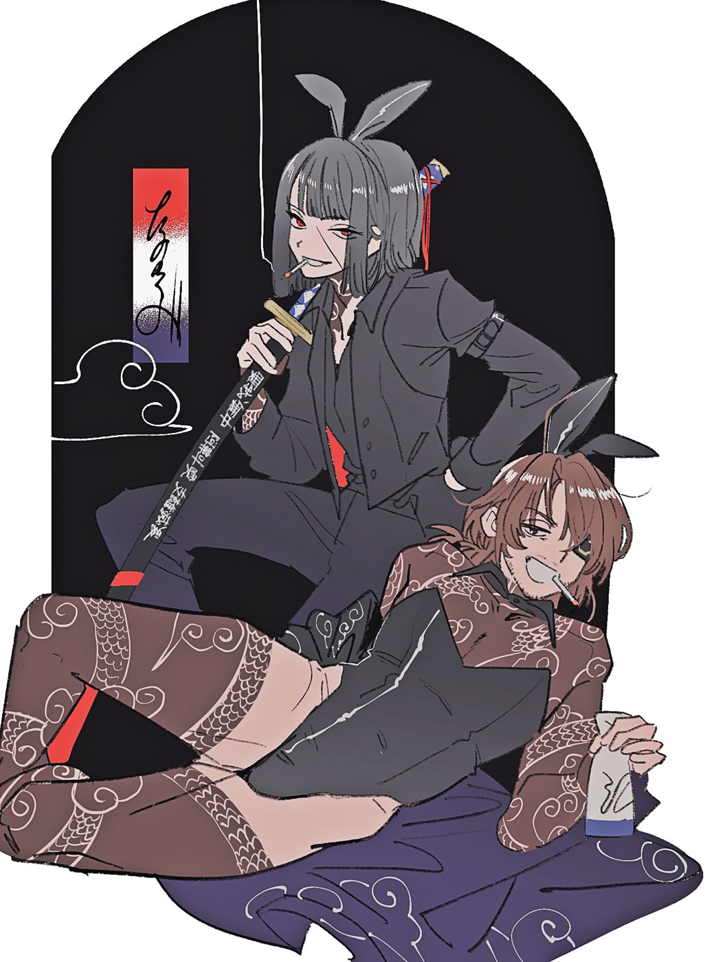 2boys animal_ears black_hair black_jacket black_leotard black_pants black_shirt bob_cut bottle gregor_(project_moon) grin highres holding holding_bottle holding_sword holding_weapon jacket katana kurokumo_clan_(identity)_(project_moon) leg_tattoo leotard limbus_company long_sleeves looking_at_viewer male_playboy_bunny multiple_boys pants project_moon rabbit_ears red_eyes ryoshu_(project_moon) shirt short_hair smile sword tama_launcher tattoo tokkuri weapon