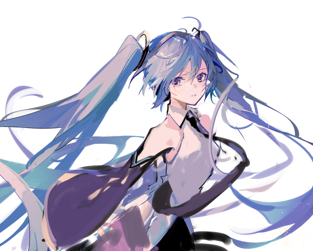 1girl armpit_peek black_necktie blue_eyes blue_hair breasts female_focus floating_hair hatsune_miku long_hair looking_at_viewer looking_to_the_side mamenomoto necktie shirt sleeveless sleeveless_shirt small_breasts solo twintails very_long_hair vocaloid white_background wide_sleeves