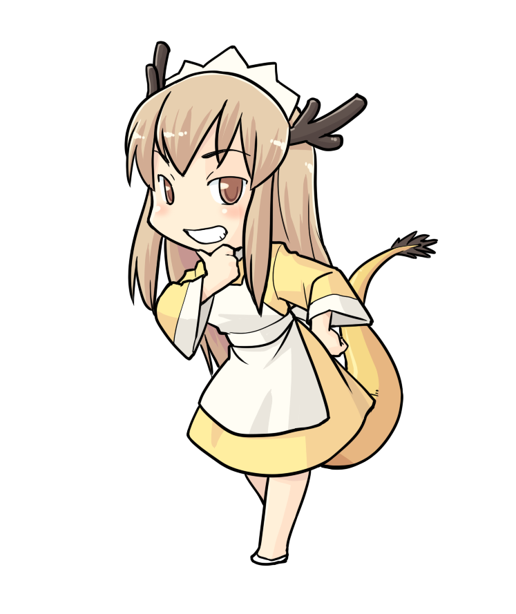 1girl antlers apron artist_request black_horns blonde_hair check_artist dragon_girl dragon_tail dress full_body futaba_channel grin hand_on_own_chin hand_on_own_hip hinemosu_notari horns kouryuu_(nijiura_maids) long_hair long_sleeves maid maid_headdress nijiura_maids no_nose orange_eyes shoes simple_background smile solo tail tail_raised teeth third-party_source white_apron white_background white_shoes yellow_dress yellow_tail