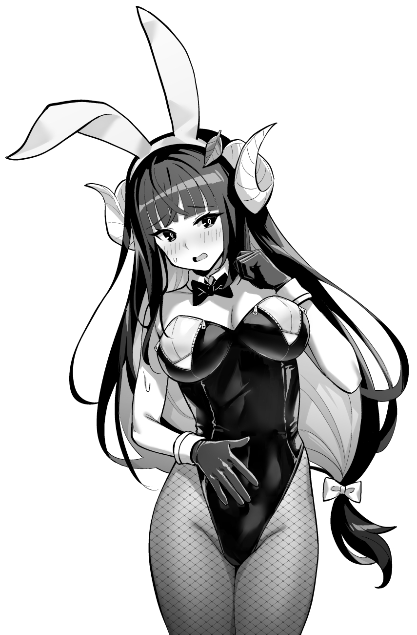 1girl animal_ears azur_lane azur_lane:_slow_ahead blunt_bangs blush bow bowtie curled_horns fake_animal_ears fishnet_legwear fishnets gloves greyscale highres hori_(hori_no_su) horns leaf leaf_on_head leotard long_hair monochrome official_art playboy_bunny rabbit_ears simple_background solo suruga_(azur_lane) sweatdrop white_background