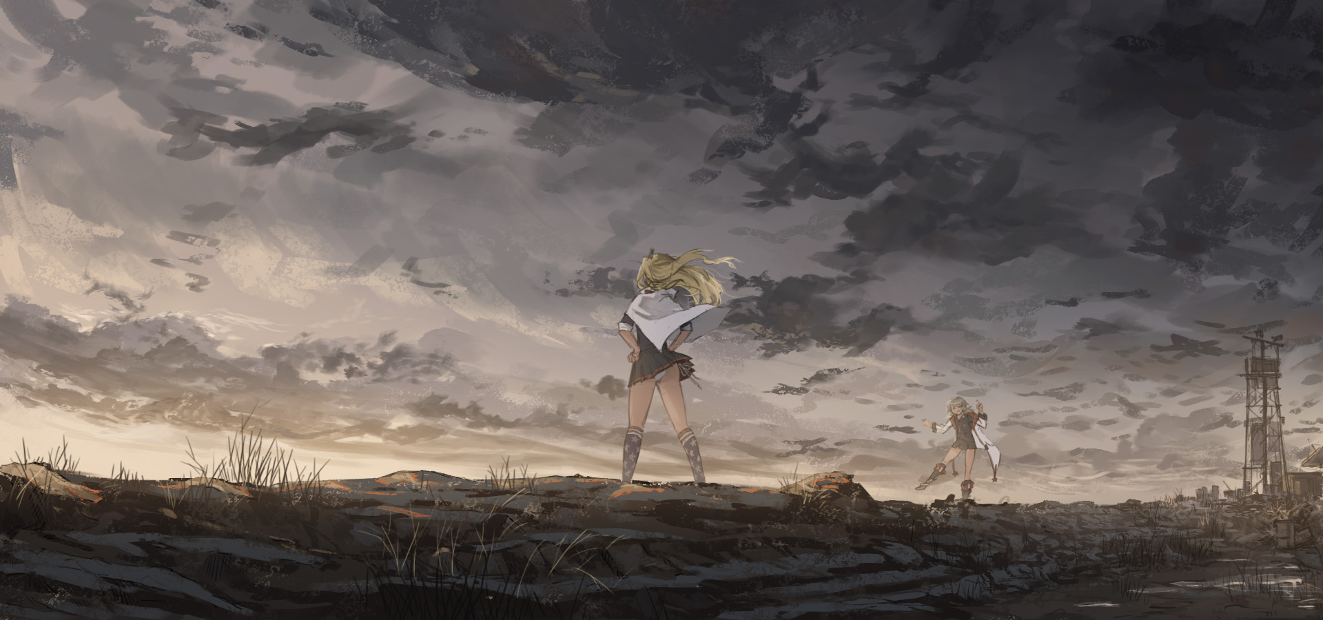 2girls american_flag american_flag_legwear american_flag_print azur_lane blonde_hair blue_skirt boots cape cleveland_(azur_lane) cloud cloudy_sky danzir denver_(azur_lane) flag_print from_behind grey_hair hands_on_own_hips highres multiple_girls panties pantyshot scenery skirt sky underwear wind wind_lift