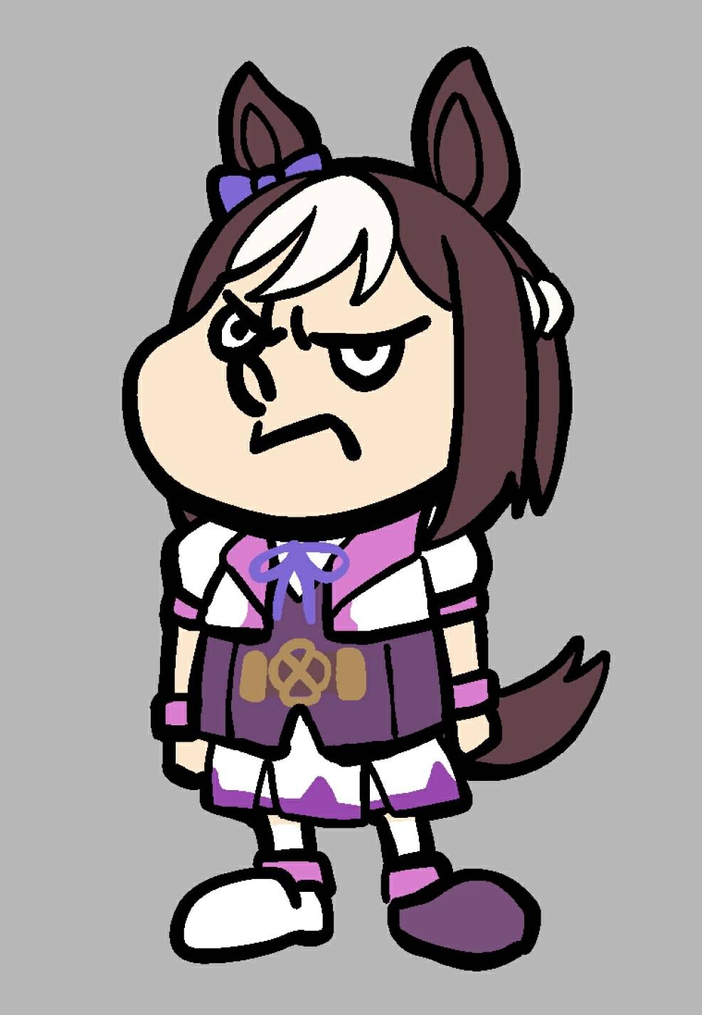 1girl animal_ears asymmetrical_footwear brown_hair cropped_jacket eagle_talon full_bow genzo_nasu grey_background highres horse_ears horse_girl horse_tail jacket mismatched_footwear multicolored_hair neck_ribbon parody purple_footwear purple_ribbon ribbon short_hair simple_background skirt solo special_week_(umamusume) style_parody tail two-tone_hair umamusume white_footwear white_hair white_jacket white_skirt