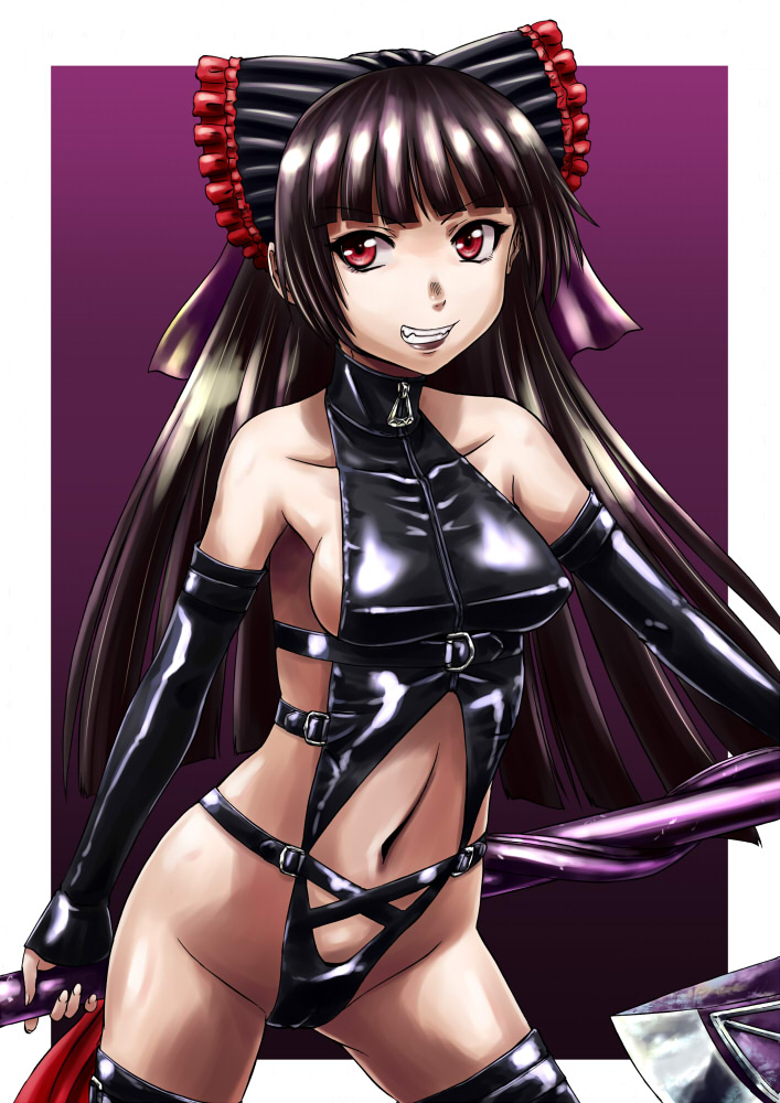 1girl axe bdsm black_hair bondage bound bow breasts collarbone detached_sleeves elbow_gloves evil_smile gate_-_jieitai_ka_no_chi_nite_kaku_tatakaeri gloves hair_bow holding holding_axe medium_breasts navel red_eyes rory_mercury sao_satoru smile solo
