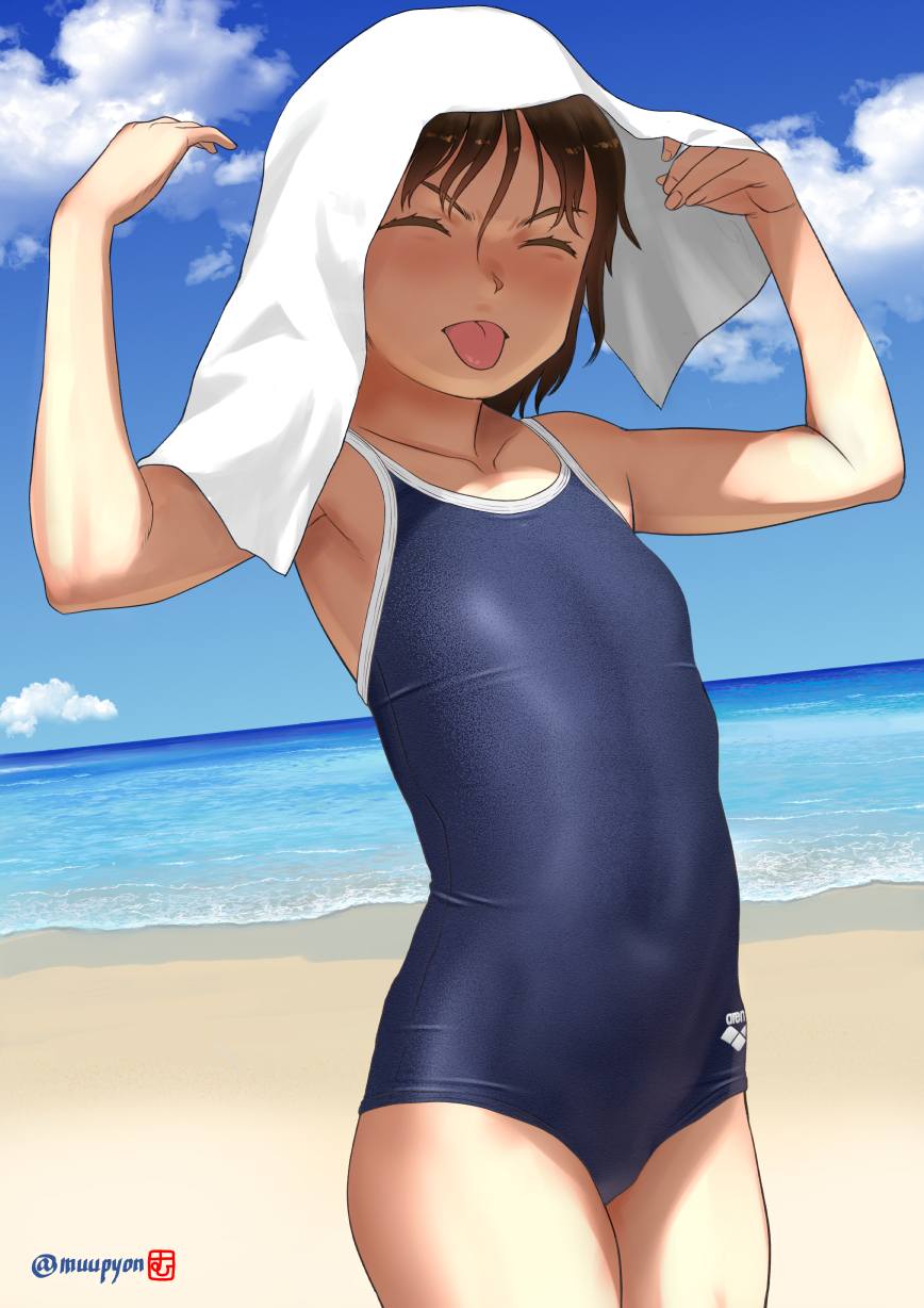 1girl arena_(company) arms_up artist_logo artist_name bare_shoulders beach blue_one-piece_swimsuit blue_sky breasts brown_hair closed_eyes cloud cloudy_sky competition_school_swimsuit competition_swimsuit covered_navel cowboy_shot day dutch_angle highres logo mu-pyon ocean one-piece_swimsuit original outdoors school_swimsuit shiny_swimsuit short_hair sky small_breasts solo standing swimsuit tongue tongue_out towel towel_on_head