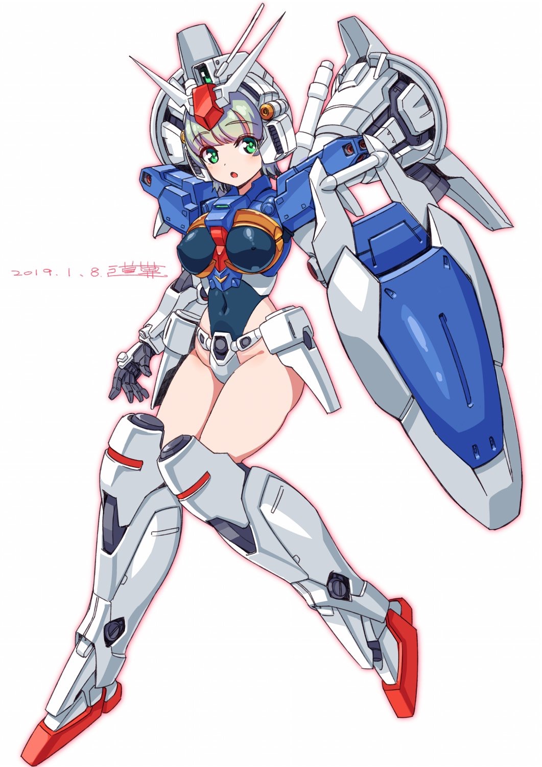 1girl armor breasts commentary_request covered_erect_nipples covered_navel female_focus full_body green_eyes green_hair gundam gundam_0083 gundam_gp-01_full_vernian_zephyranthes highres large_breasts leotard looking_at_viewer mecha_musume michi_kuso open_mouth shield short_hair simple_background skindentation solo thrusters white_background