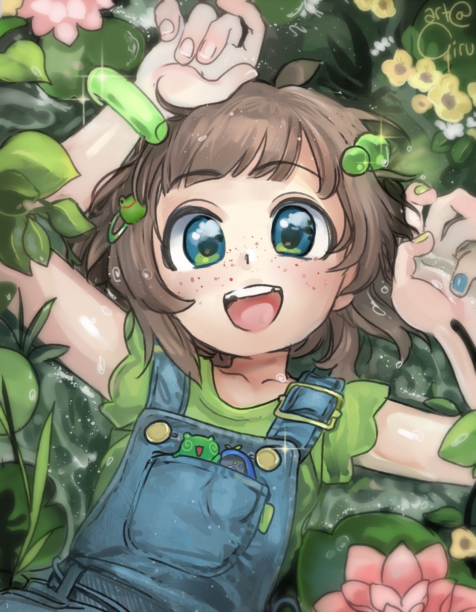 1girl 2024 artist_name blue_eyes blue_overalls brown_hair child flower freckles frog girutea green_eyes green_shirt highres indie_virtual_youtuber lily_hopkins overalls plant shirt solo sweat virtual_youtuber wrist_band