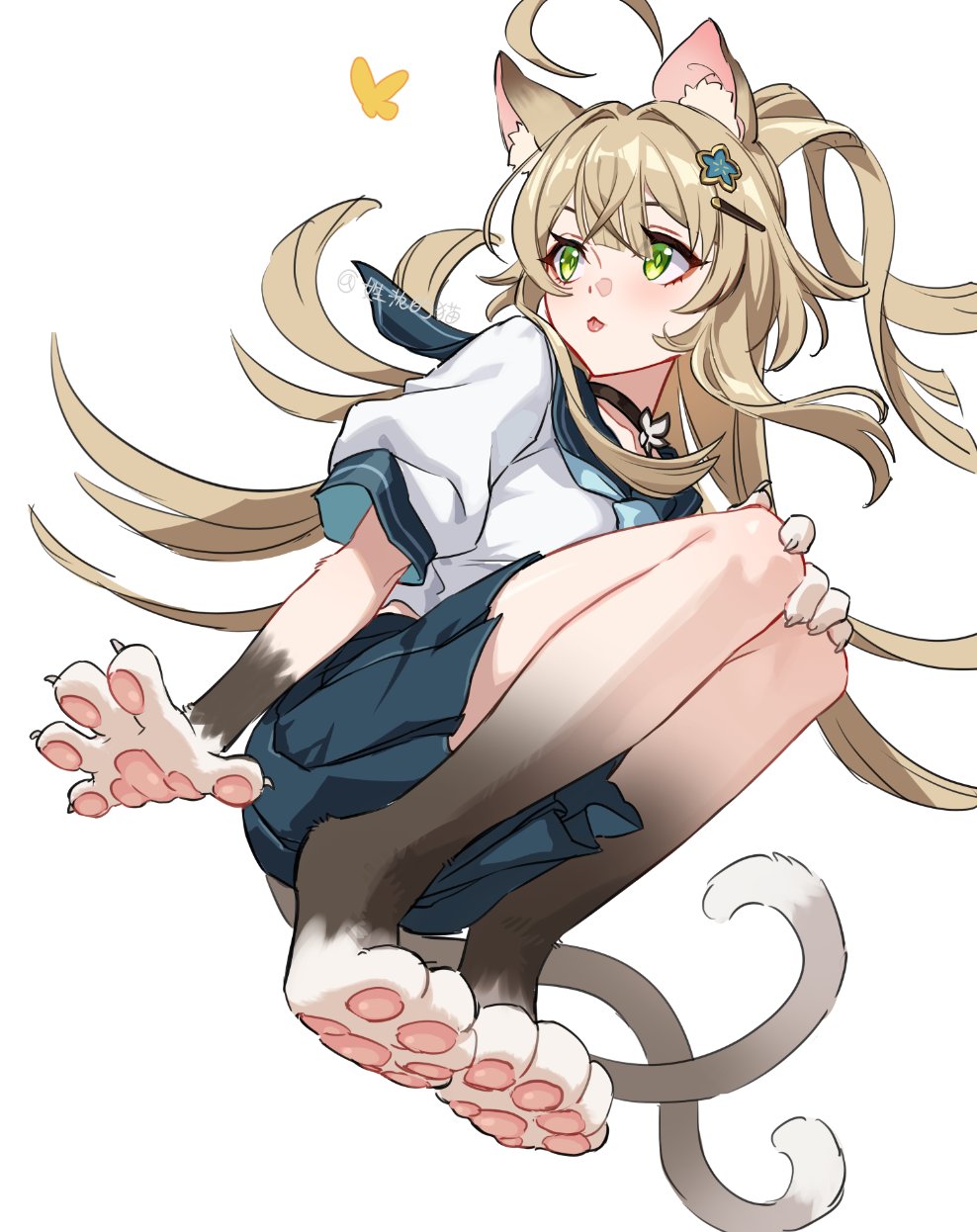 1girl alternate_costume animal_ear_fluff animal_ears animal_feet animal_hands blue_skirt breasts bug butterfly cat_ears cat_girl cat_tail genshin_impact green_eyes hair_between_eyes hair_ornament hairclip highres honlo insect kirara_(genshin_impact) light_brown_hair long_hair medium_breasts multicolored_hair multiple_tails neckerchief sailor_collar school_uniform serafuku short_sleeves simple_background skirt solo tail twitter_username two_tails very_long_hair white_background
