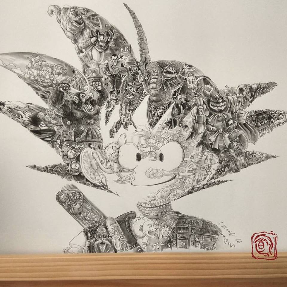 ah_leung bulma chi-chi_(dragon_ball) cross-eyed dragon_ball grandpa_gohan gyuu_mao kuririn muten_roushi norimaki_arale norimaki_gajira ruyi_jingu_bang oolong partially_colored piccolo_daimaou pilaf shenlong shenlong_(dragon_ball_kai) smile son_goku tao_pai_pai traditional_media v watermark