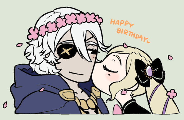 1boy 1girl 40_078u blonde_hair blue_hood closed_mouth couple earrings elise_(fire_emblem) eyepatch fire_emblem fire_emblem_fates hetero hood hood_down jewelry kiss kissing_cheek multicolored_hair niles_(fire_emblem) nintendo purple_hair streaked_hair white_hair