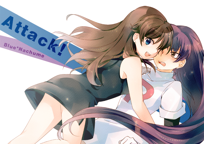 00s 2girls blue_eyes blush brown_eyes brown_hair clothes_writing dress english_text green_(pokemon) gym_leader long_hair multiple_girls nintendo one_eye_closed pokemon pokemon_adventures pokemon_frlg purple_hair romaji_text sabrina_(pokemon) tachiuo_(arines) team_rocket yuri