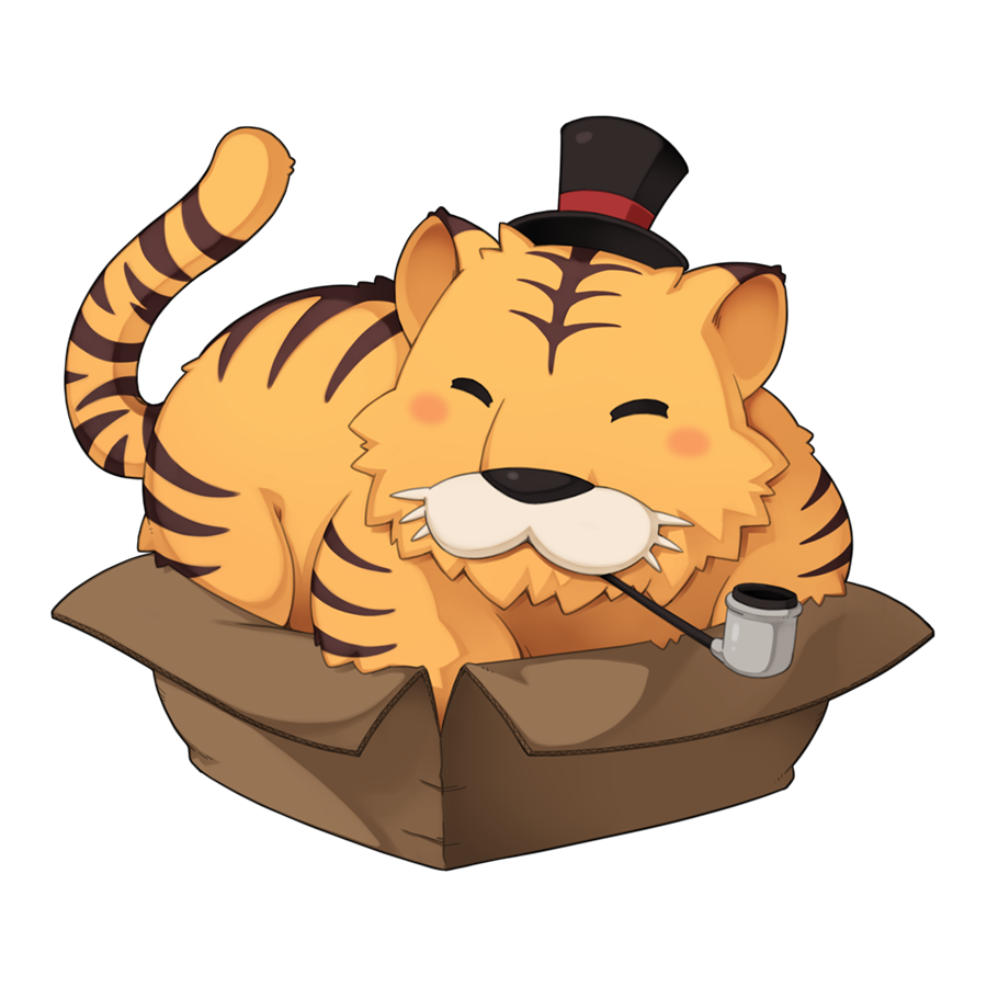 black_hat box cardboard_box chibi chibi_only closed_eyes eddga full_body hat in_box in_container no_humans ragnarok_online simple_background smoking_pipe solo tiger top_hat transparent_background yuichirou